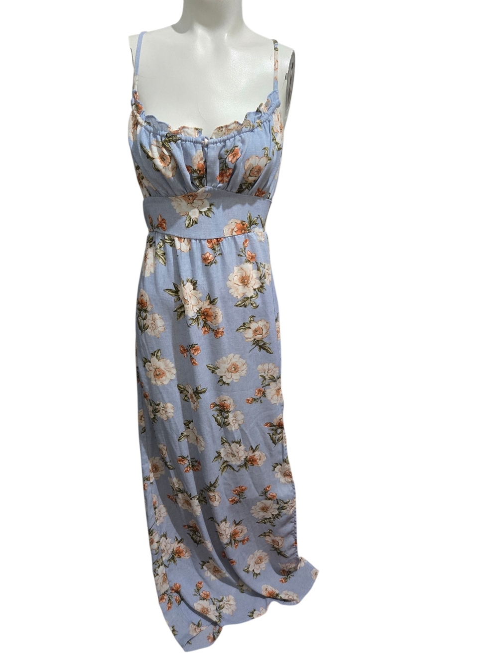 Iris Floral Maxi Dress Blue Strappy Open Back Ruched Bust M